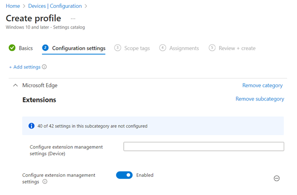intune settings listed for Extension Management
