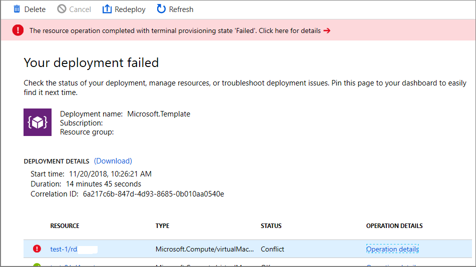 Screenshot of Your Deployment Failed with terminal provisioning state failed.