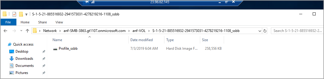 A screenshot of the contents of the folder in the mount path. Inside is a single VHD file named "Profile_ssbb."