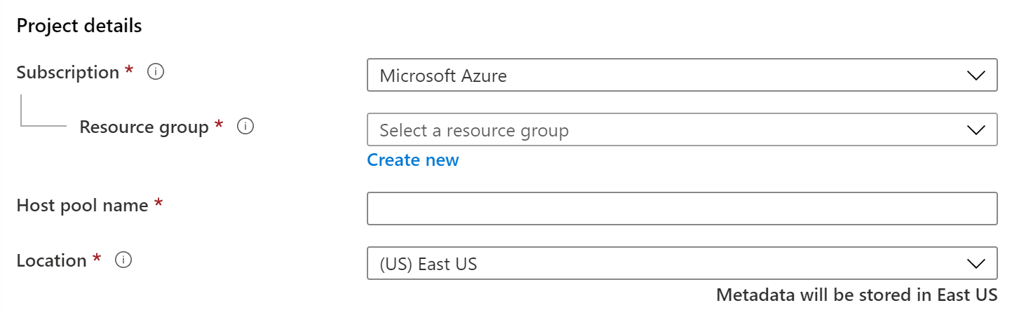 A screenshot of the Azure portal showing the Location field with the East US location selected. Next to the field is text that says, "Metadata will be stored in East US."