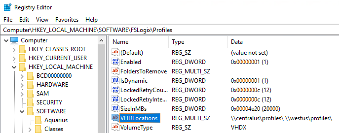 A screenshot of the Profiles window in the Registry Editor. VHDLocation is selected.