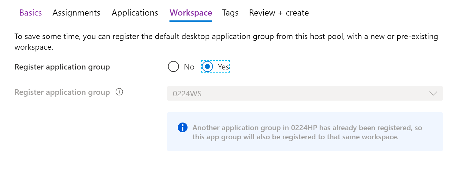 A screenshot of the register application group page for an already existing workspace. The host pool is preselected.