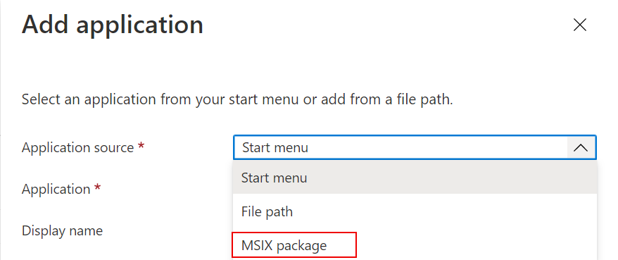 A screenshot of a customer selecting MSIX package from the application source drop-down menu. MSIX package is highlighted in red.