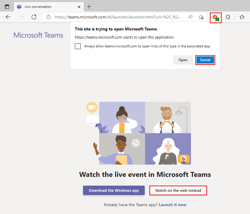 A screenshot of the 'Watch the live event in Microsoft Teams' page. The status icon and 'watch on the web instead' options are highlighted in red.