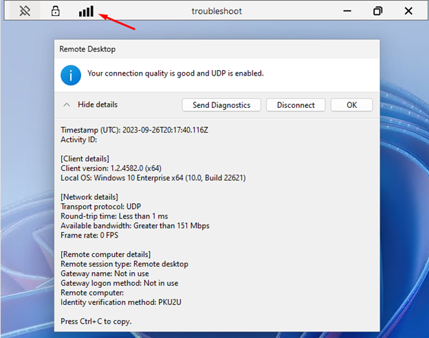 A screenshot showing the connection bar in the Remote Desktop client for Windows.