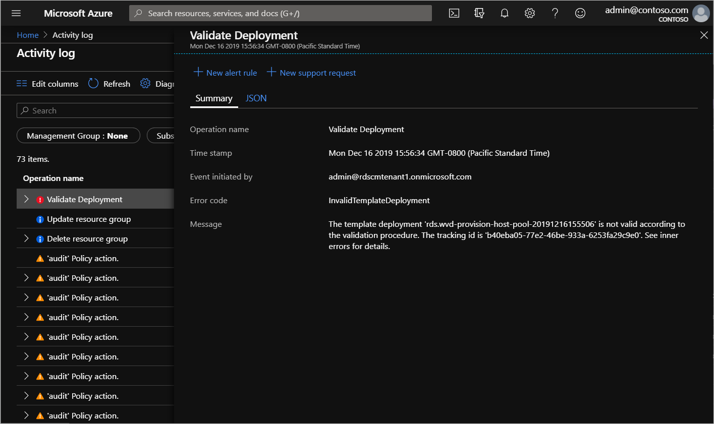 Screenshot of individual Validate Deployment activity with a Failed status