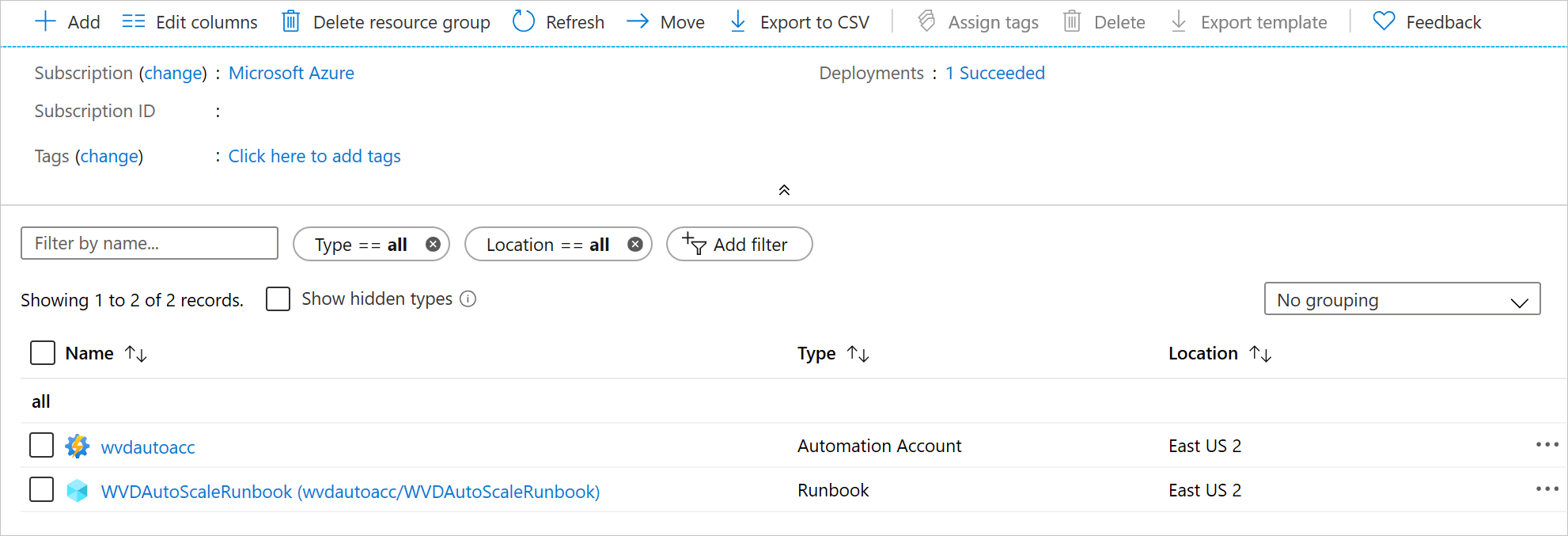 An image of the Azure overview page showing the newly created Azure Automation account and runbook.