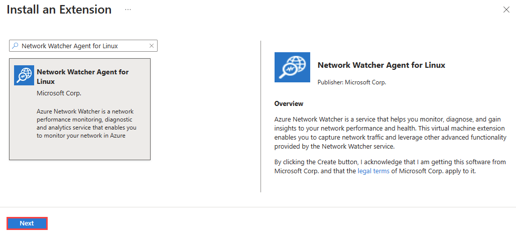Screenshot that shows how to install Network Watcher Agent for Linux in the Azure portal.
