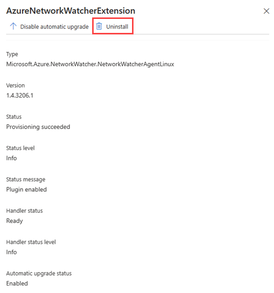 Screenshot that shows how to uninstall Network Watcher Agent for Linux in the Azure portal.