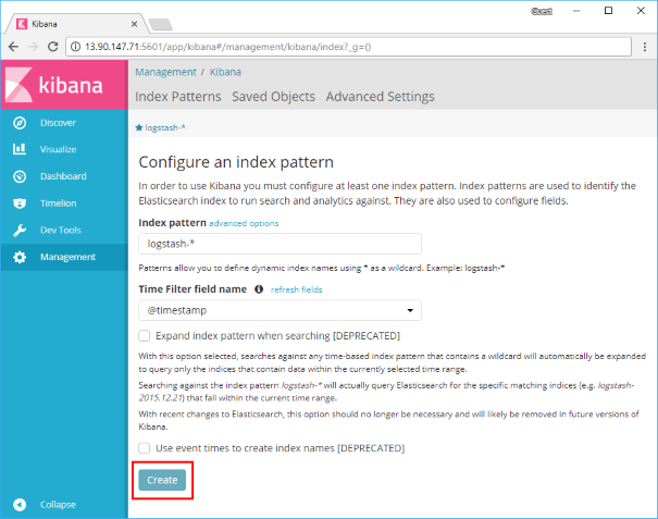 Screenshot that shows the Kibana console and highlights the Create button.