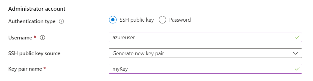 Screenshot of the Administrator account section where you select an authentication type and provide the administrator credentials.
