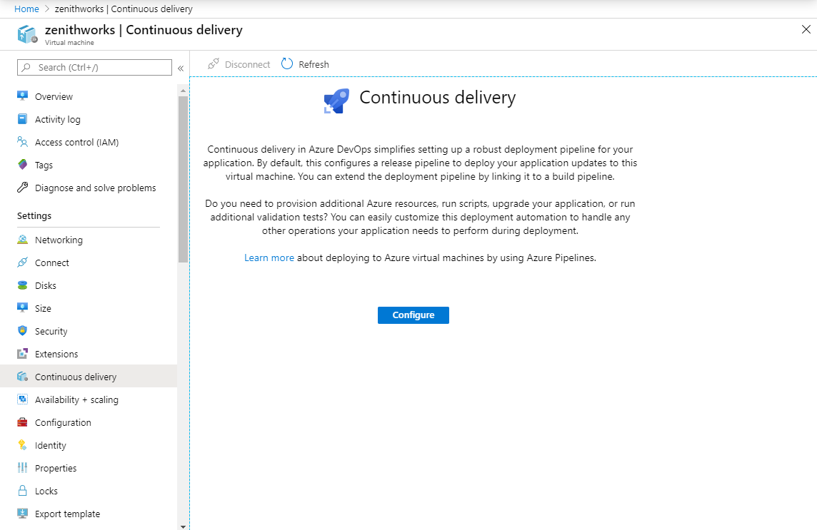 A screenshot showing how to navigate to continuous delivery in your VM settings.