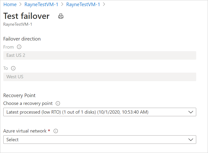 Page to set test failover options.