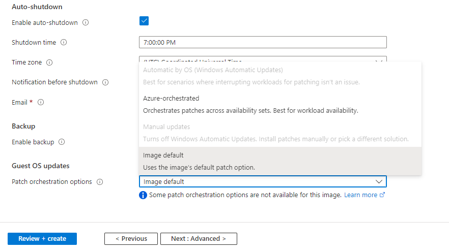 Shows the management tab in the Azure portal used to enable patch orchestration modes.