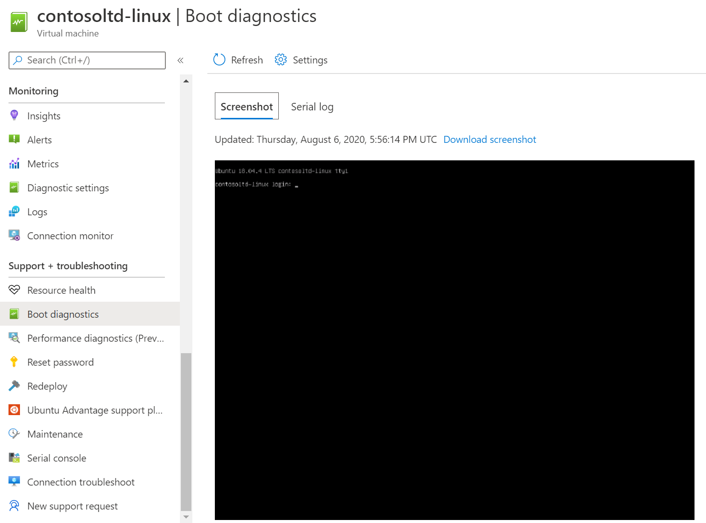 Screenshot of Linux boot diagnostics