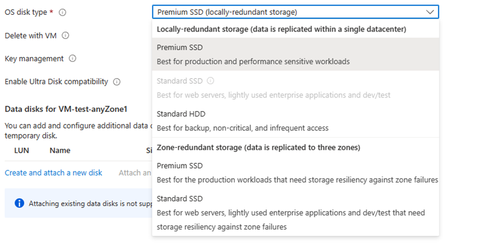 Screenshot supported disks for an Azure-selected zone.