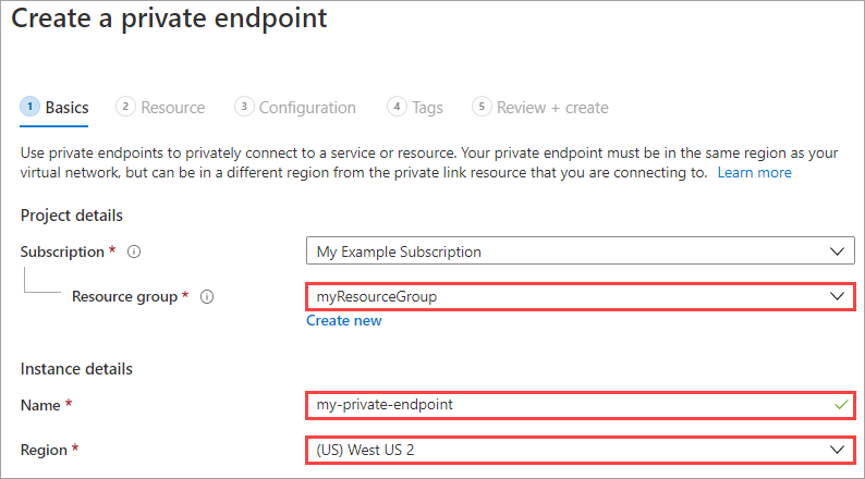 Screenshot of the private endpoint creation workflow, first pane. If you do not select the appropriate region then you may encounter issues later on.