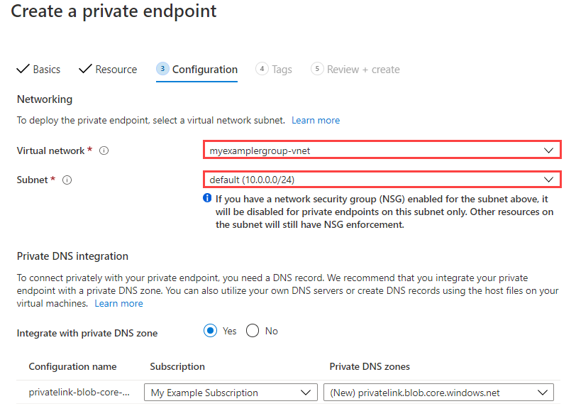 Screenshot of the private endpoint creation workflow, third pane. Virtual network and subnet emphasized.