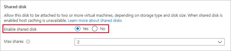 Screenshot of the Advanced pane, Enable shared disk highlighted and set to yes.