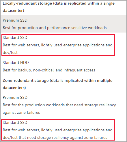 Screenshot of the disk SKU, standard SSD LRS and ZRS SKUs highlighted.