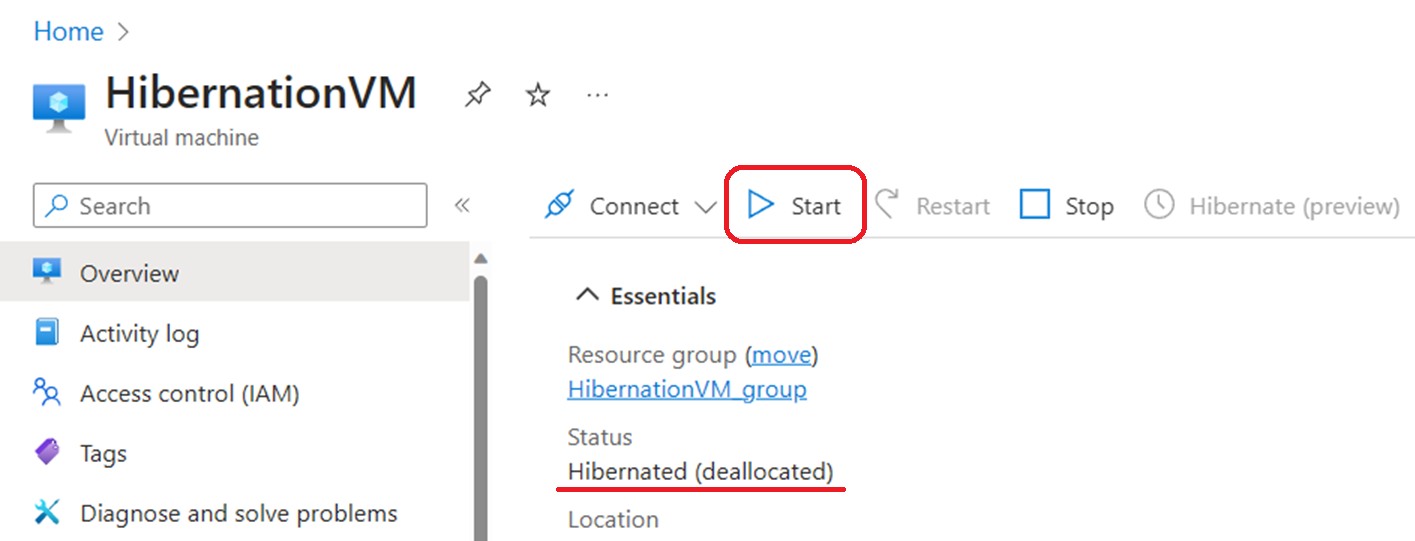 Screenshot of the Azure portal button to start a hibernated VM with an underlined status listed as 'Hibernated (deallocated)'.