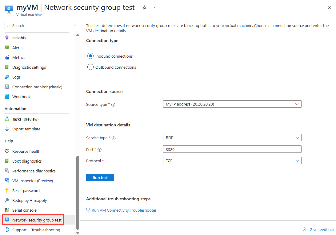 Screenshot of inbound network security group test in the Azure portal.