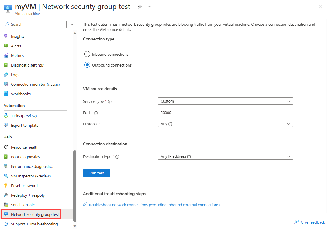 Screenshot of outbound network security group test in the Azure portal.