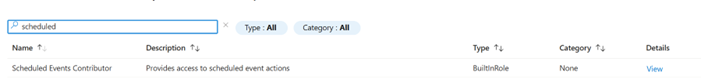Screenshot of the Azure portal showing a search for the ScheduledEventContributer role.