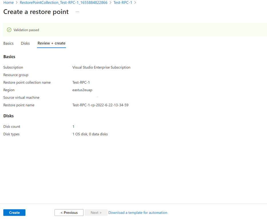 Screenshot of Review + Create screen.