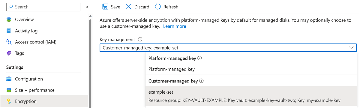 Screenshot of your example OS disk. The encryption blade is open, encryption at rest with a customer-managed key is selected, as well as your example Azure Key Vault. After making those selections, the save button is selected.
