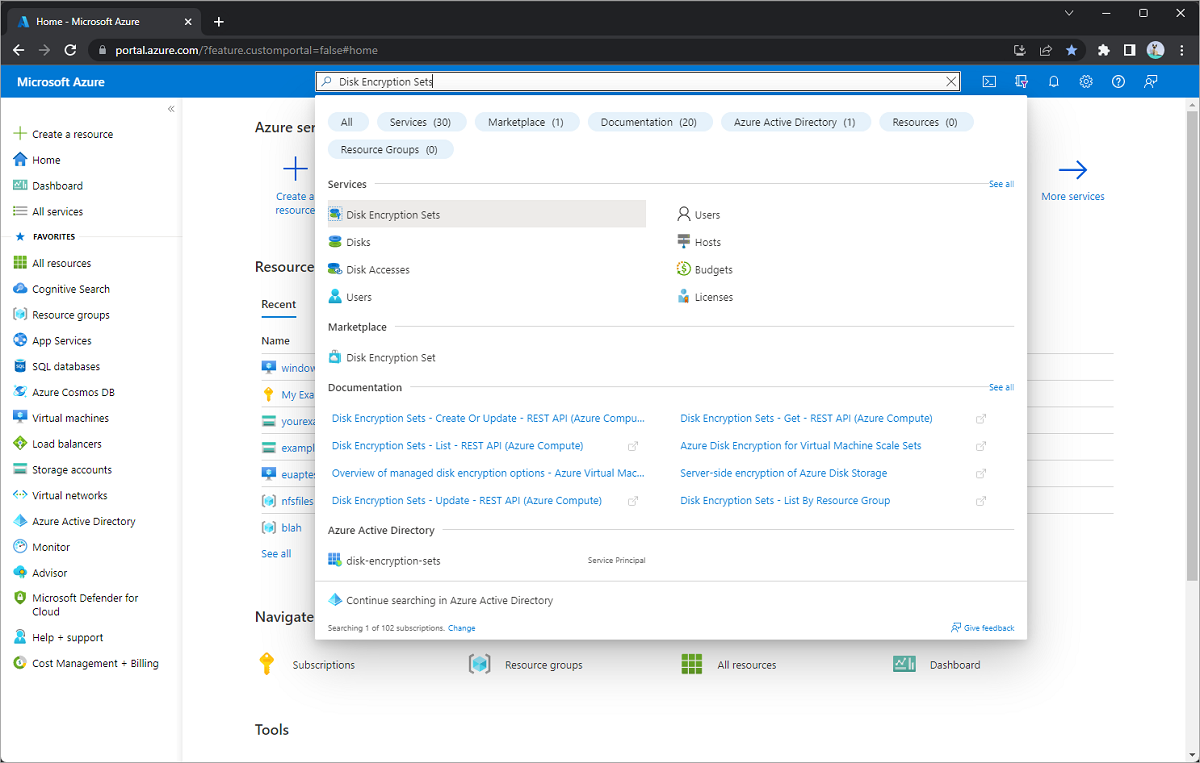Screenshot of the main Azure portal, disk encryption sets is highlighted in the search bar.