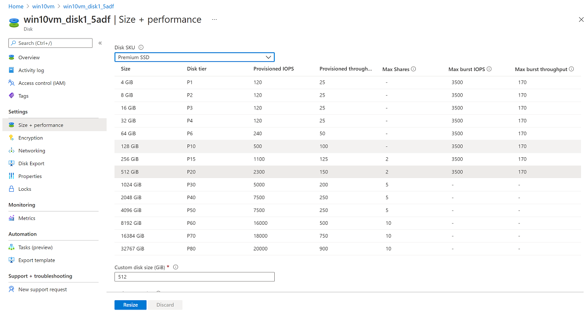 Screenshot that shows the Size and performance pane with the disk size selected.