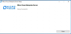 Screenshot shows a success message in the Micro Focus Enterprise Server dialog box.