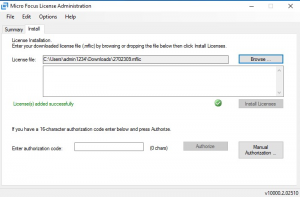 Screenshot shows the Micro Focus License Administration dialog box where you can select Install Licenses.