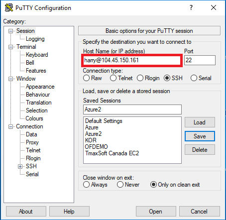 Screenshot that shows the PuTTY Configuration dialog box and highlights the Host Name (or IP address) field.