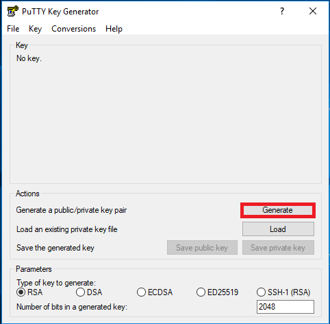 Screenshot that shows the PuTTY Key Generator dialog box and highlights the Generate button.