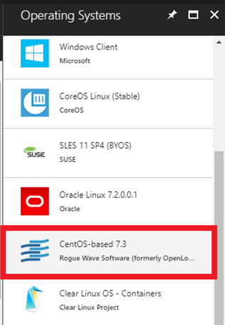Operating System options in Azure portal