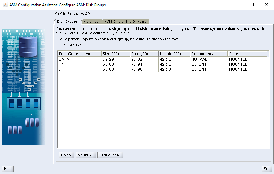 Screenshot of the Configure ASM: Disk Groups dialog box with Exit button