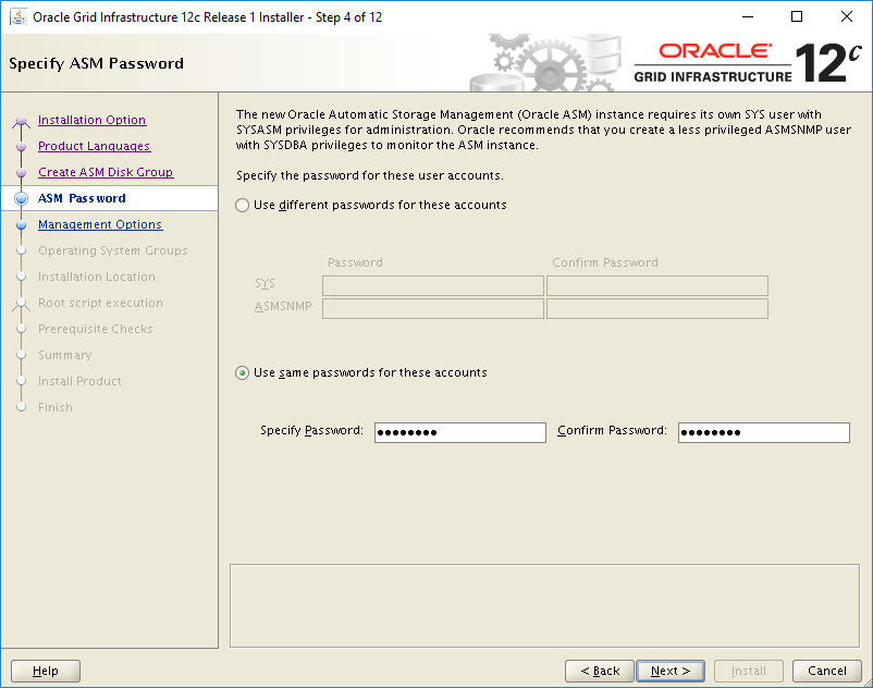 Screenshot of the installer's Specify ASM Password page