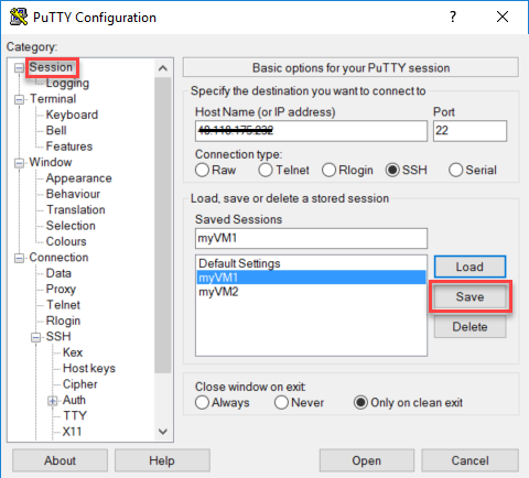 Screenshot of the PuTTY session options