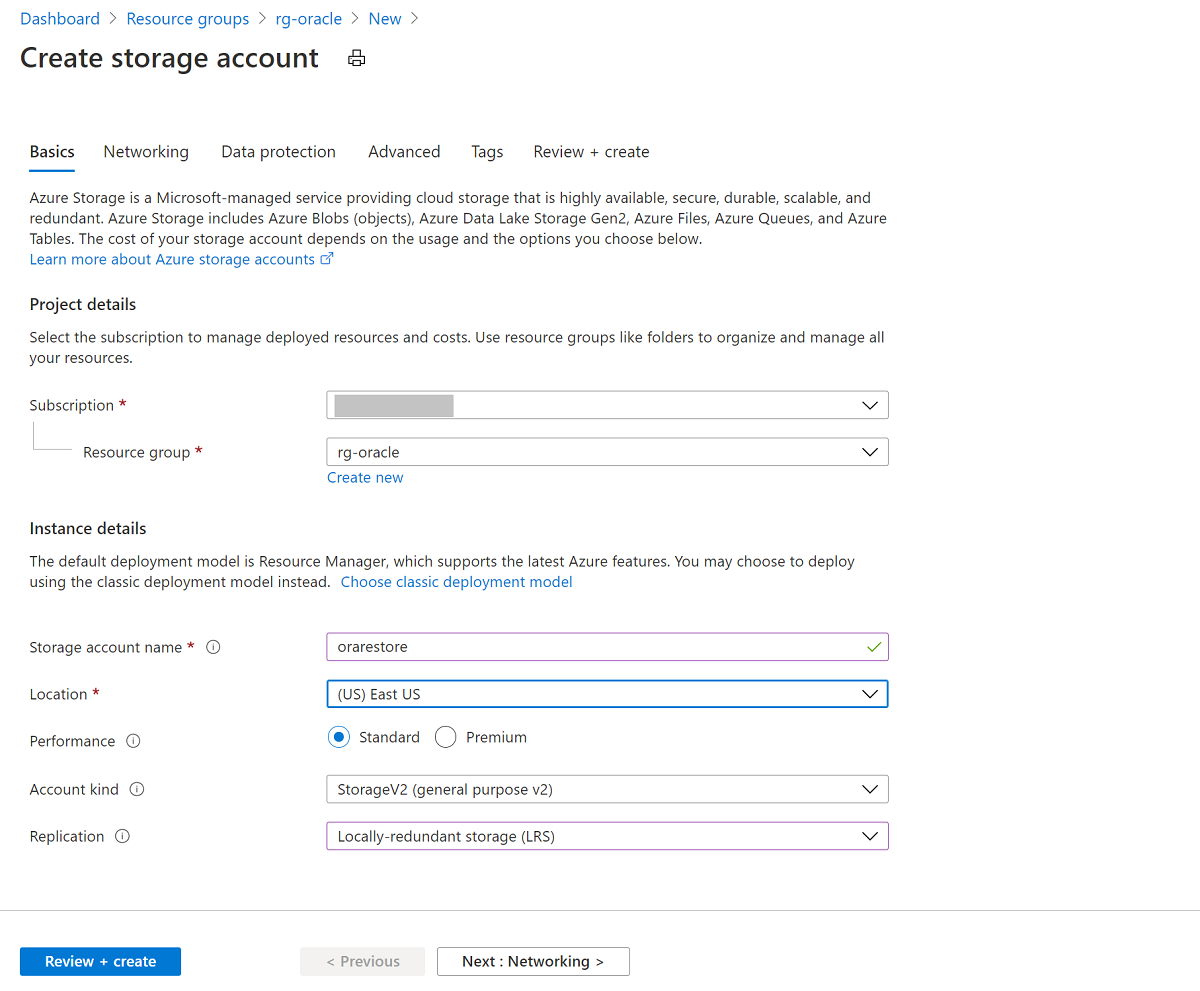 Screenshot that shows basic information for creating a storage account.
