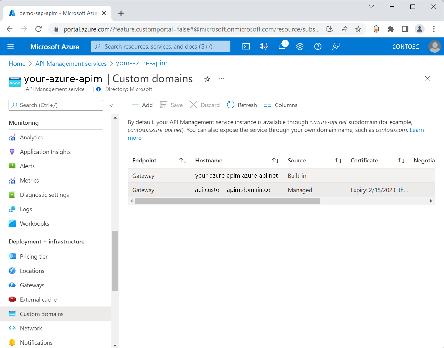 Screenshot that shows the custom domain configuration in Azure API Management.