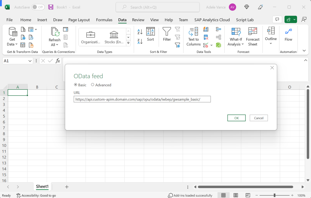 Screenshot that shows the OData configuration wizard in Excel Desktop.