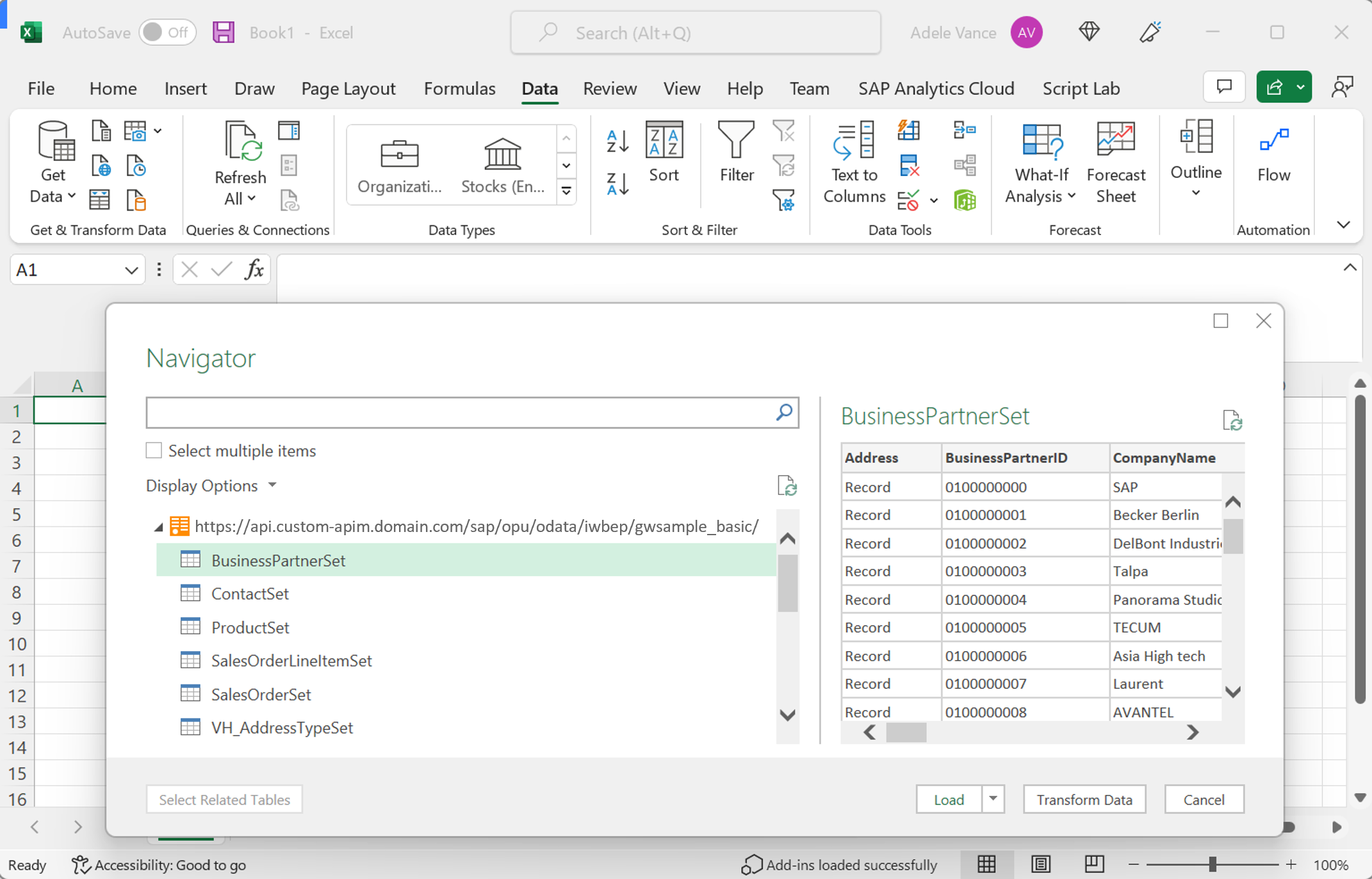 Screenshot that shows the OData response in Excel Desktop.