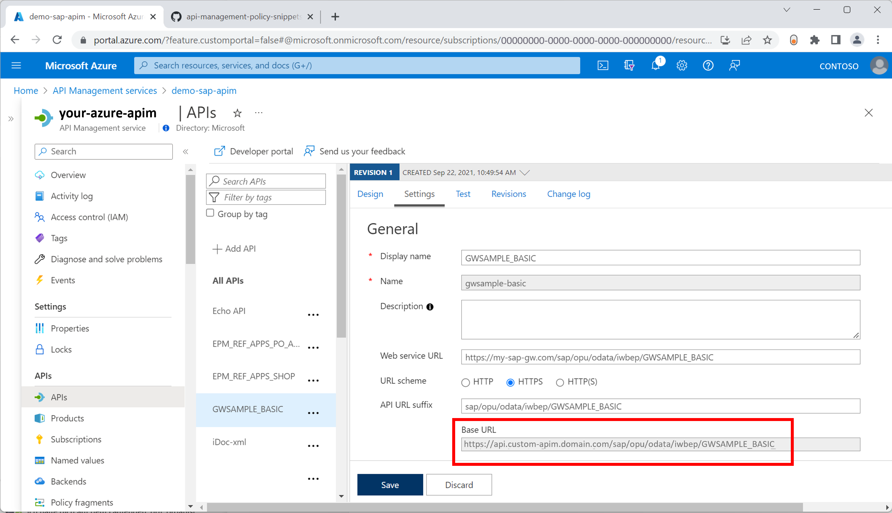 Screenshot that shows how to discover the OData URL within Azure API Management.