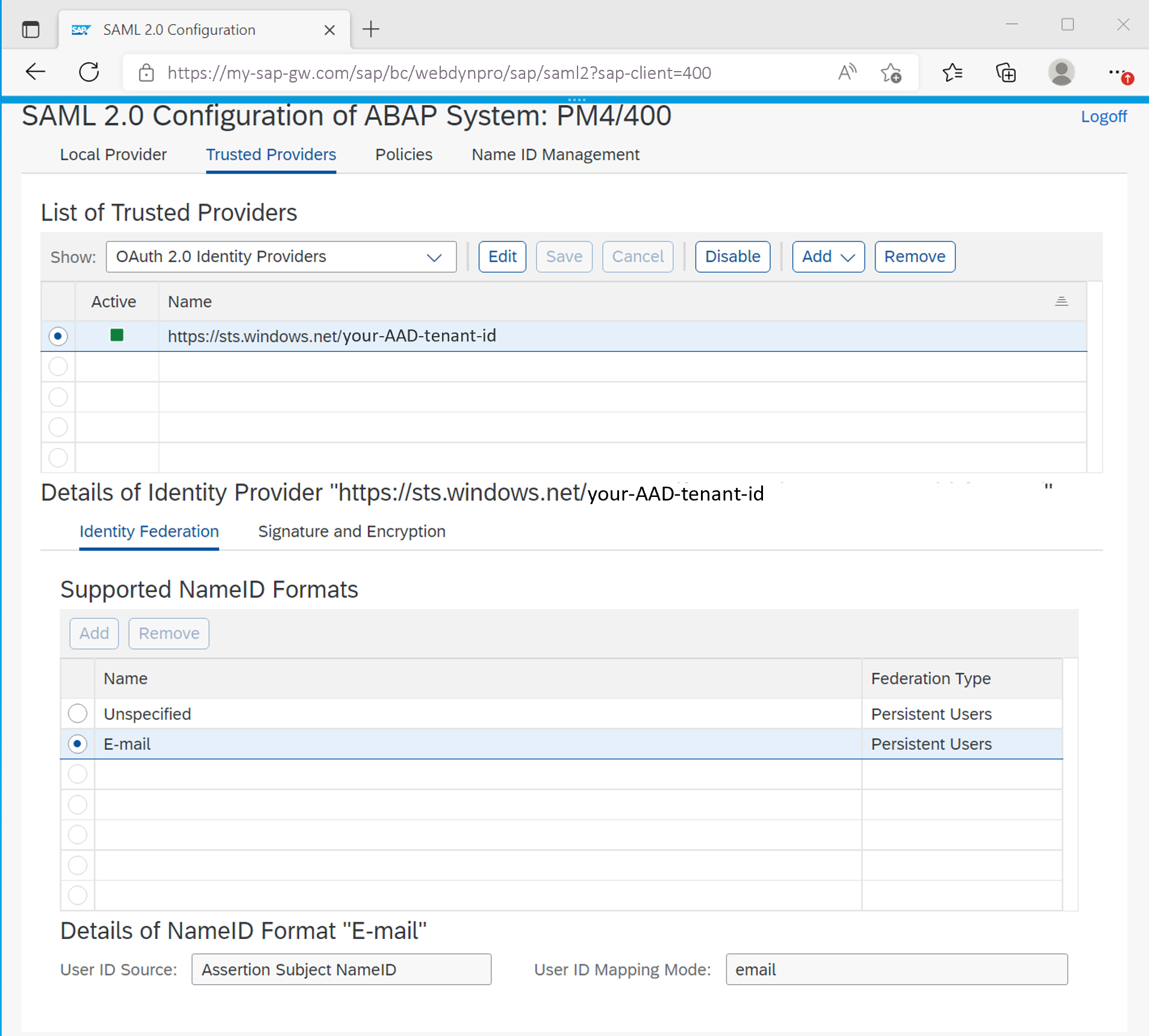 Screenshot that shows the email mapping mode in SAP SAML2 transaction.