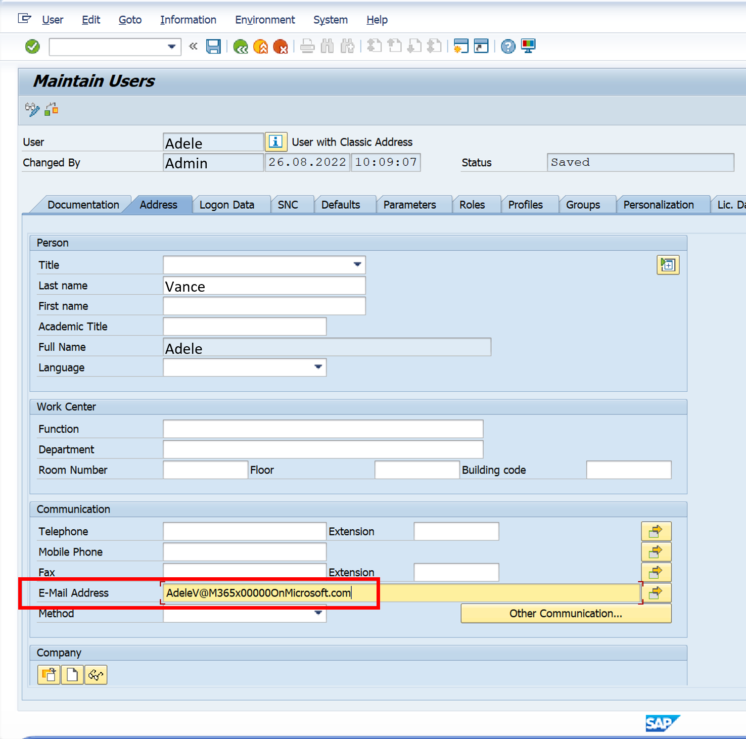 Screenshot of named SAP user in transaction SU01 with mapped email address.
