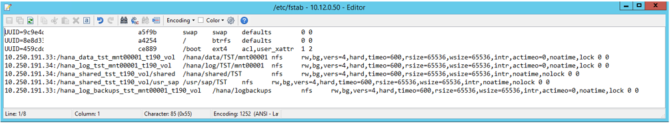 Screenshot showing fstab of mounted volumes in HANA Large Instance unit.