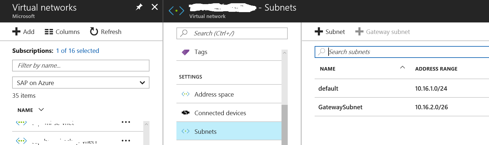 Azure virtual network subnets and their IP address ranges