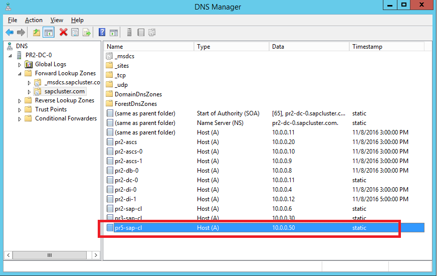 DNS Manager list highlighting the defined DNS entry for the new SAP ASCS/SCS cluster virtual name and TCP/IP address